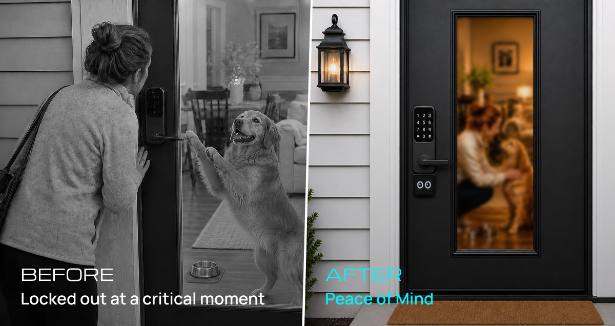 Before and after comparison: without LockPower Infinity a person and dog are locked out at a critical moment, while with LockPower Infinity the smart lock stays powered for peace of mind.