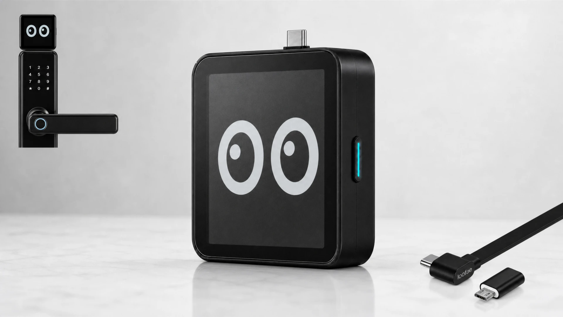 Loofae hardware render: a black device with two eye-like indicators, a USB-C connector, a glowing cyan LED strip, a branded loofae cable, and a smart door handle with keypad and fingerprint scanner, on a light neutral surface.