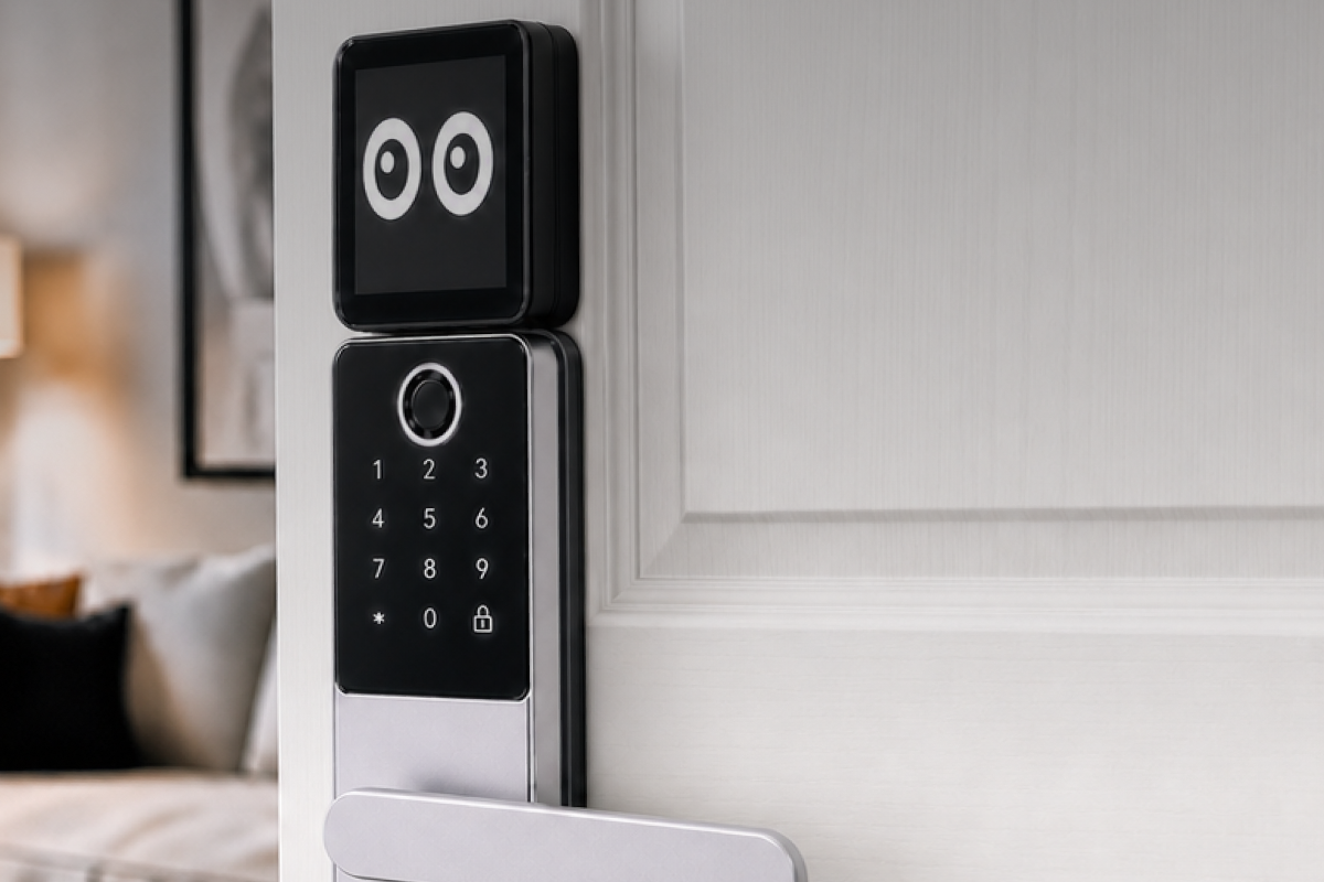 Modern smart door lock with keypad and fingerprint scanner installed on a white door, showing the sleek black and silver design.