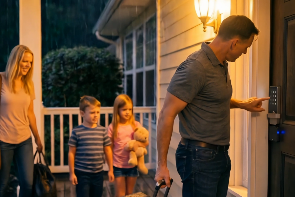 Family arriving home in the rain while a parent uses a smart keypad lock on the front door.