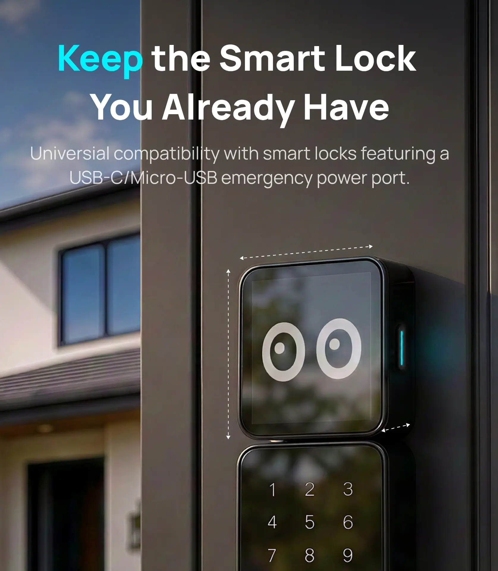 Connection guide for smart locks with an accessible USB-C or Micro-USB emergency power port; model compatibility requires confirmation.