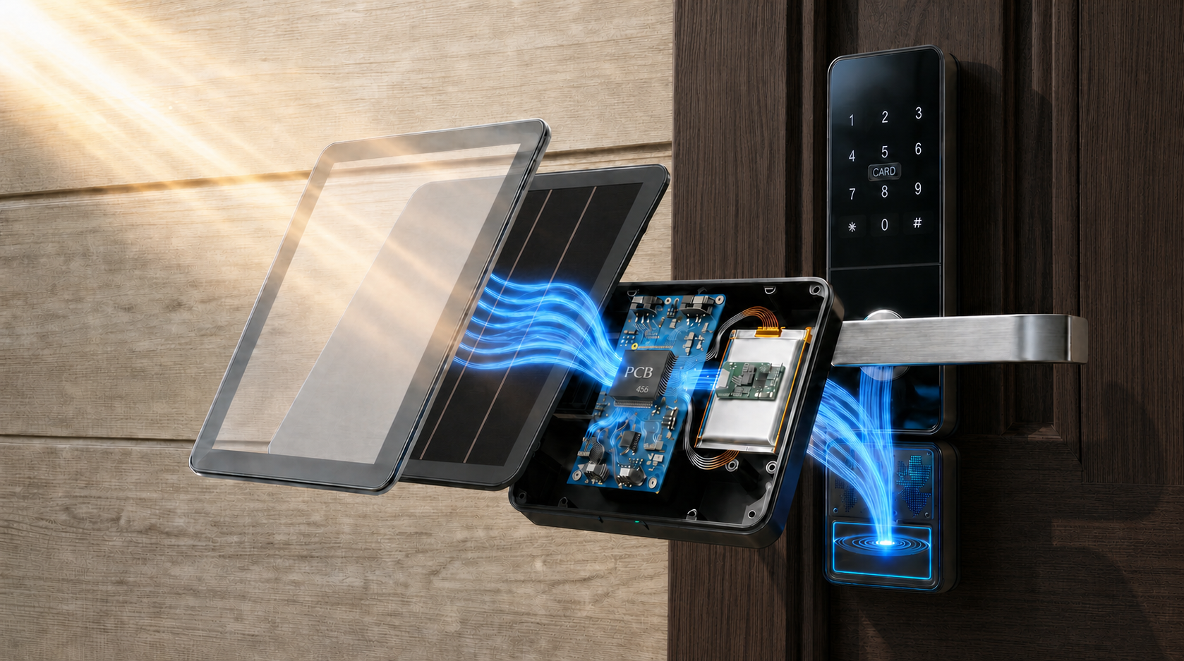 Exploded view of the LOCKPOWER Infinity solar energy module and smart lock, showing the perovskite solar panel, PCB, and battery feeding continuous power to the keypad lock.