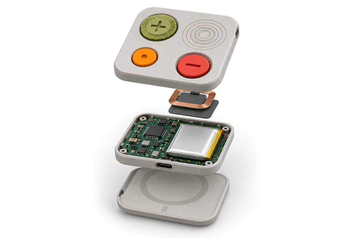 Exploded concept rendering of PillPal: NFC reader, compact PCB, battery, vibration system and magnetic rear housing; not an engineering assembly drawing.