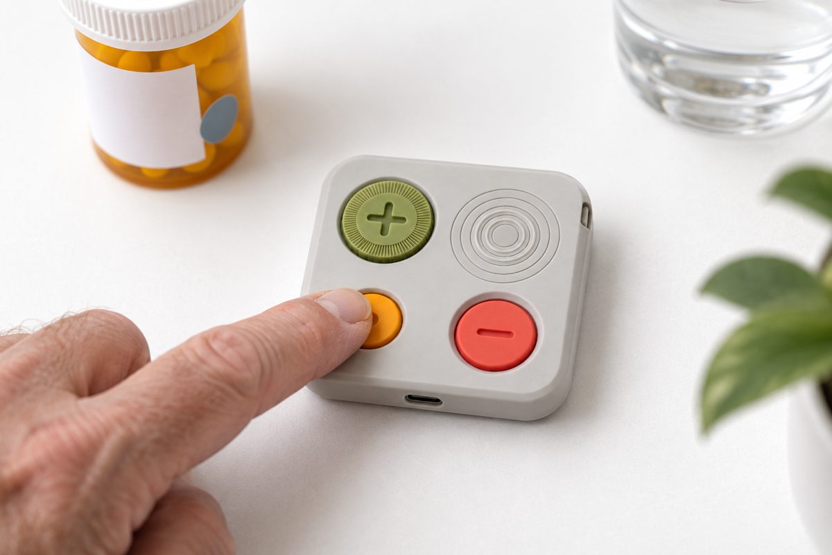 Press yellow for a five-minute pause. The medication reminder returns unless the matching bottle is tapped.