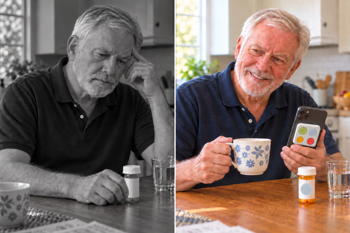 Illustrative concept scene: an older North American man anxious about forgetting medication on the gray left; a calmer, cheerful routine with PillPal on the color right. Not a customer testimonial or a clinical result.