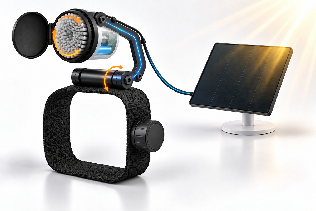 CamScrubby concept: sunlight and a blue power path reach the integrated brush-back pod; orange arcs distinguish brush rotation and hinge movement. Internal layout is illustrative.