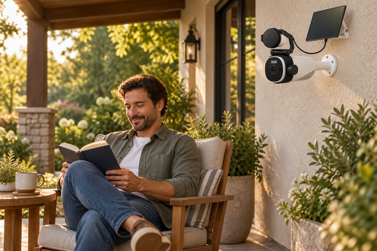 Concept scene: a homeowner enjoys reading on the porch with CamScrubby installed above the camera.